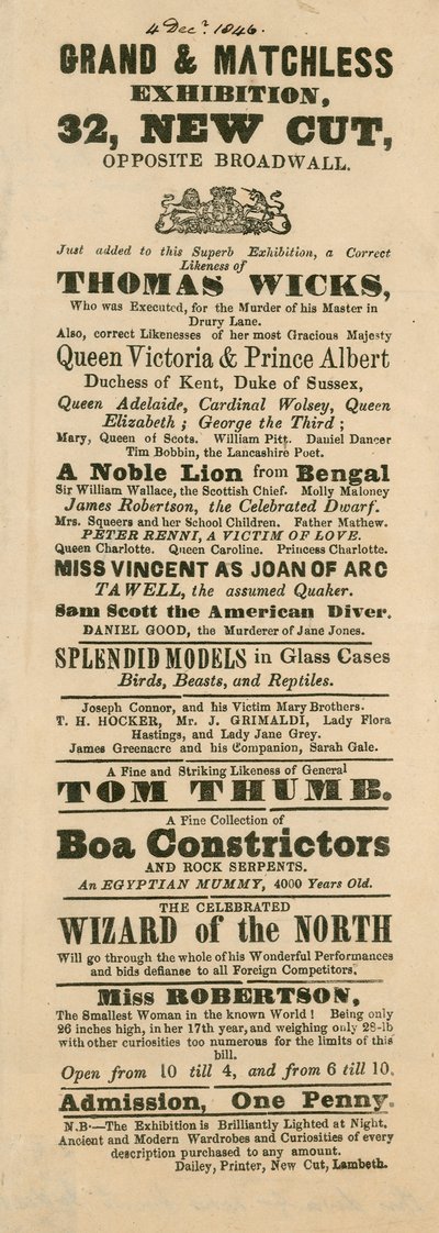 Advertentie voor Fergusons Grand and Oriental Promenade and Exhibition, 32 New Cut, Lambeth, Londen door English School