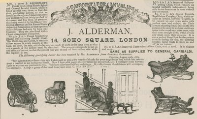 Advertentie voor J Alderman, fabrikant van invalidenwagens (gravure) door English School
