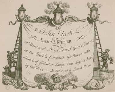 Advertentie voor John Clarke, lampaansteker, Denmark Street, Londen door English School