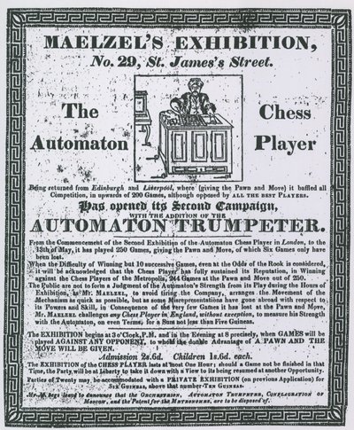 Advertentie voor Maelzels Tentoonstelling, 29 St Jamess Street door English School