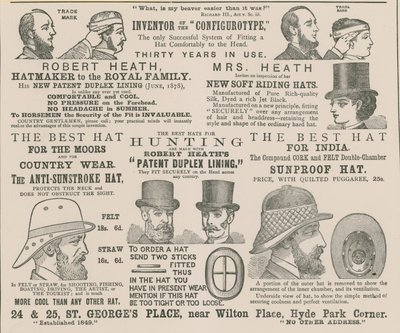Advertentie voor Robert Heath, hoedenmaker van de Koninklijke Familie door English School