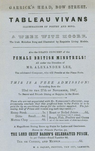 Advertentie voor Tableau Vivans, illustraties van poëzie en lied, Garricks Head, Bow Street, Londen door English School