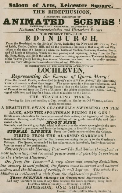 Advertentie voor The Eidephusicon, een tentoonstelling van geanimeerde scènes, pittoresk en mechanisch door English School