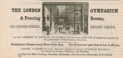 Advertentie voor The London Gymnasium & Fencing Rooms, 123 Oxford Street, Regent Circus door English School