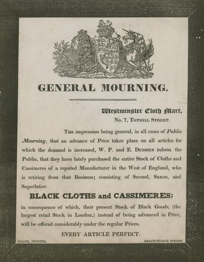 Advertentie voor W P en E Dudden, Westminster Cloth Mart, 7 Tothill Street door English School