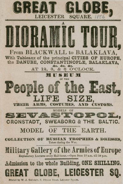Advertentie voor een Dioramische Tour van Blackwall naar Balaklava, met tableaus van de belangrijkste steden van Europa door English School