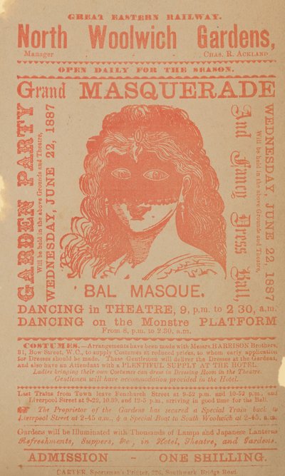 Advertentie voor een tuinfeest en groot gemaskerd bal door English School