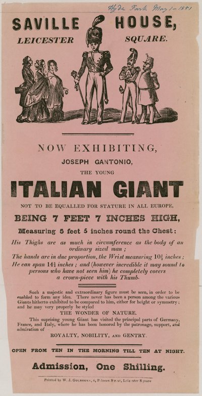 Advertentie voor een optreden van Joseph Gantonio, de jonge Italiaanse reus door English School
