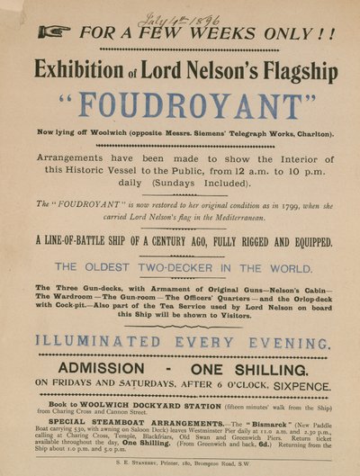 Advertentie voor een tentoonstelling van Lord Nelsons vlaggenschip Foudroyant door English School