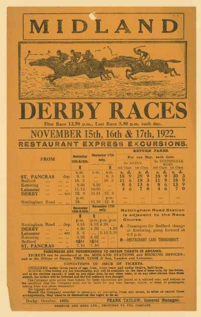 Advertentie voor spoorwegreis naar Midland Derby Races, 15-17 november 1922 door English School
