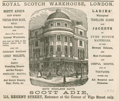 Advertentie voor het Royal Scotch Warehouse, 115 Regent Street, Londen door English School