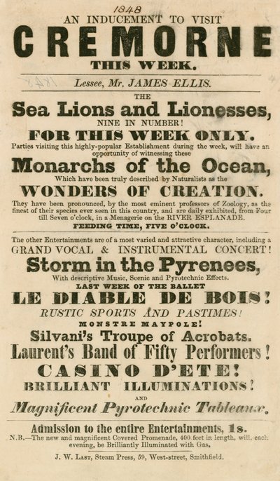 Advertentie voor het optreden van zeeleeuwen en leeuwinnen in Cremorne Gardens, Londen in 1848 door English School