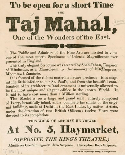 Advertentie voor de tentoonstelling van een model van de Taj Mahal op 5 Haymarket, Londen door English School