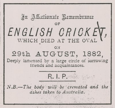 Advertentie uit de Sporting Times in augustus 1882 die het concept van The Ashes introduceerde door English School