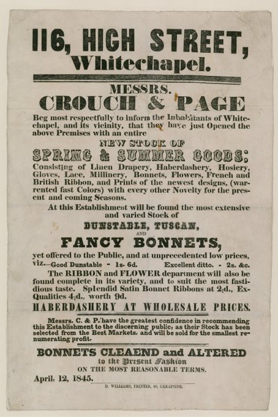 Advertisement for Crouch and Page, 116 High Street, Whitechapel door English School