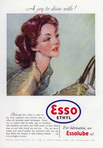 Advertentie voor Esso Ethyl Olie, met een glamoureuze vrouw die rijdt, 1937 door English School