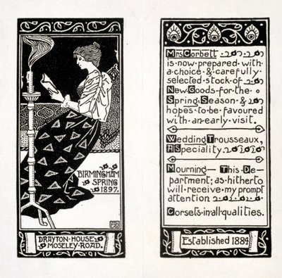Advertentie voor Mrs Corbett in Drayton House, Birmingham, 1897 door English School