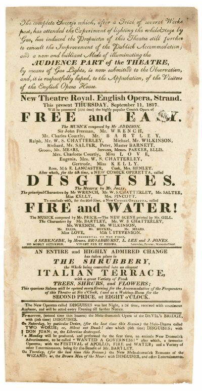 Advertentie voor New Theatre Royal, Engelse Opera, Strand, Londen, voor 11 september 1817, vermelding van gasverlichting door English School