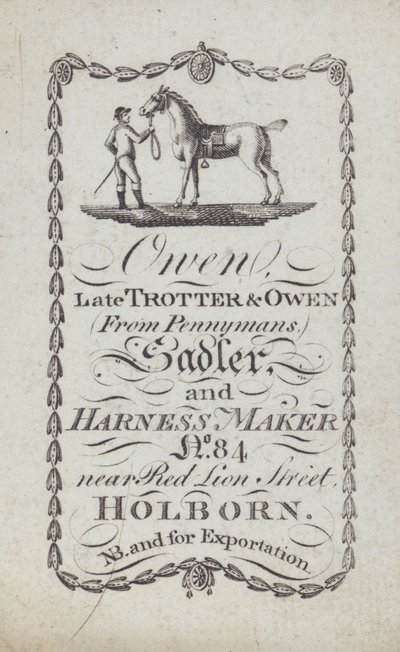 Advertentie voor Owen, zadelmaker en harnasmaker, Londen door English School