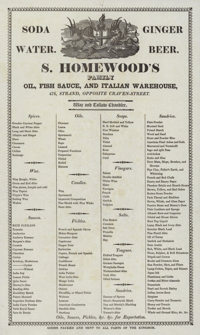 Advertentie voor S Homewoods olie, vissaus en Italiaanse warenhuis door English School
