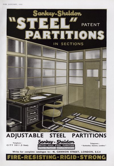 Advertentie voor Sankey-Sheldon stalen scheidingswanden, 1937 door English School