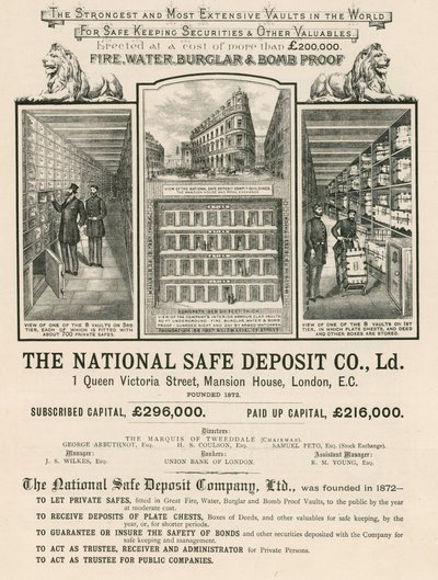 Advertentie voor de National Safe Deposit Company, 1 Queen Victoria Street, Mansion House, Londen door English School