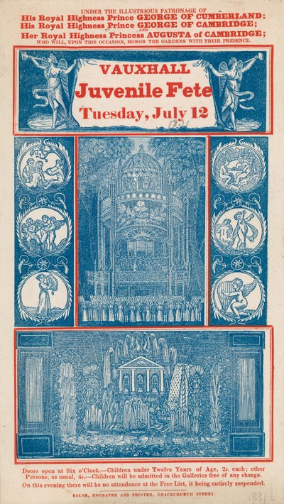 Advertentie voor kinderfeest in Vauxhall Gardens, Londen door English School