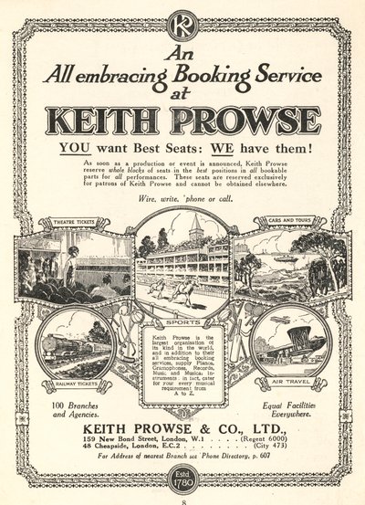 Advertentie voor de kaartverkoopdiensten van Keith Prowse & Co, Ltd door English School