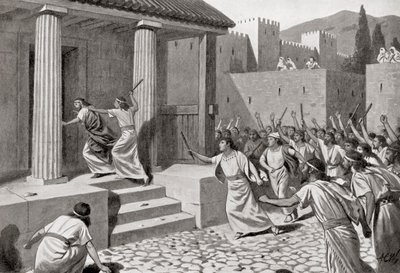 Alcander, een jonge man uit Sparta, valt Lycurgus aan, uit Hutchinson