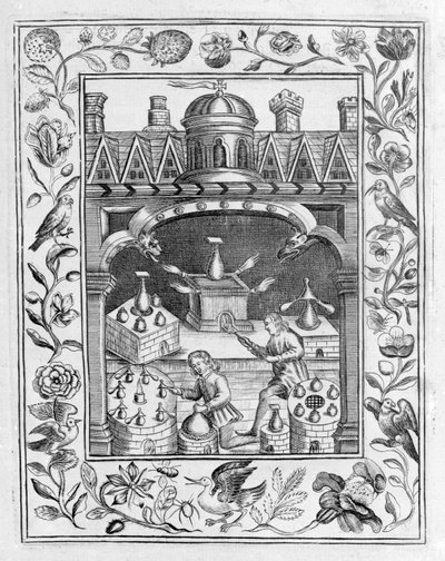 Alchemisch laboratorium met verschillende soorten ovens en vaten, uit Theatrum Chemicum Britannicum door Elias Ashmole, 1652 door English School