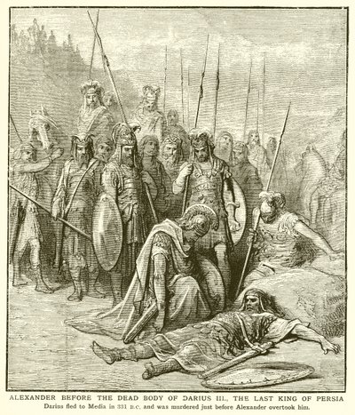 Alexander voor het dode lichaam van Darius III, de laatste koning van Perzië door English School