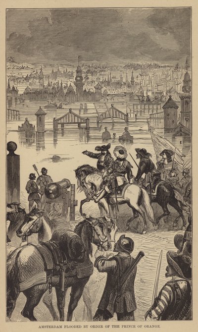 Amsterdam onder water gezet in opdracht van de Prins van Oranje (gravure) door English School