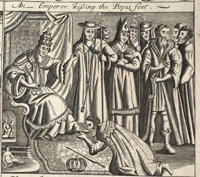 Een keizer die de voeten van de paus kust, illustratie uit Handelingen en Monumenten van John Foxe, negende editie, uitgegeven 1684 door English School