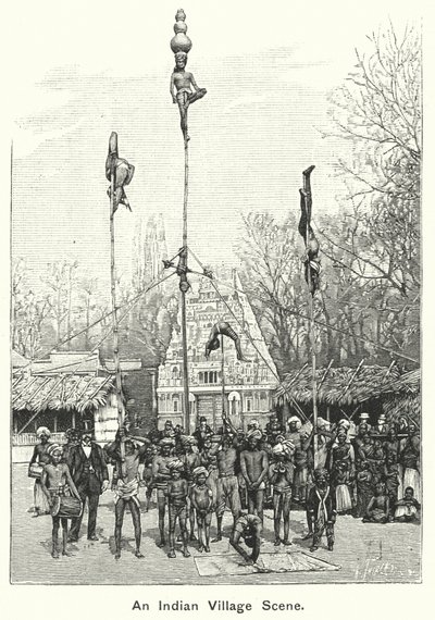 Een indiaans dorpsgezicht (gravure) door English School