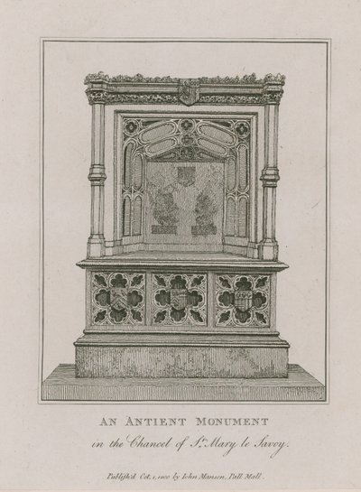 Een oud monument in het koor van St Mary le Savoy door English School