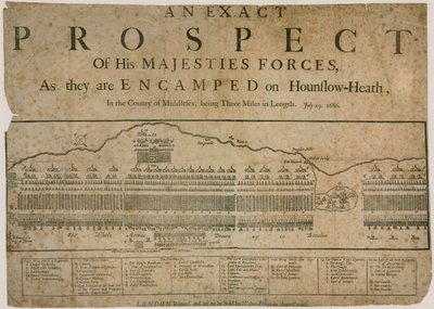 Een exact uitzicht op de troepen van Zijne Majesteit, zoals ze zijn gelegerd op Hounslow Heath, 19 juli 1686 door English School