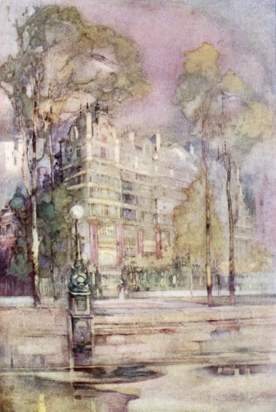 Een Impressionistisch Uitzicht op de Rivierkant van het Savoy Hotel (kleur litho) door English School