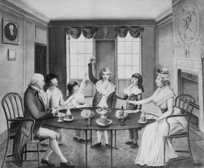 Een interieur met een dame en heer zittend aan een tafel met hun vier kinderen staand erachter, ca. 1780 door English School