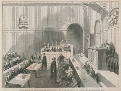 Oude ceremonie van het hakken van stokken en tellen van hoefijzers en spijkers in de Court of Excise door English School
