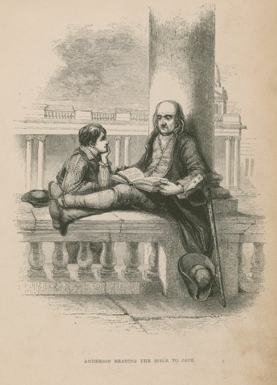 Anderson leest de Bijbel voor aan Jack; illustratie uit Poor Jack door Frederick Marryat door English School