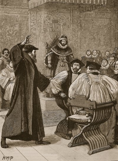 Andrew Melville voor de Schotse Privy Council, illustratie uit Cassells Geïllustreerde Geschiedenis van Engeland door English School