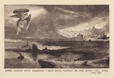 Engel die een molensteen in zee werpt (gravure) door English School