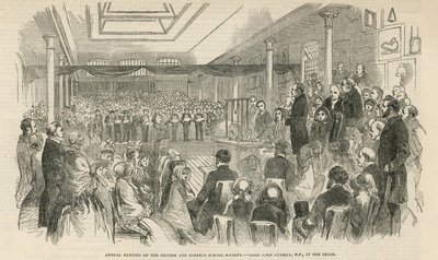 Jaarvergadering van de British and Foreign School Society (gravure) door English School
