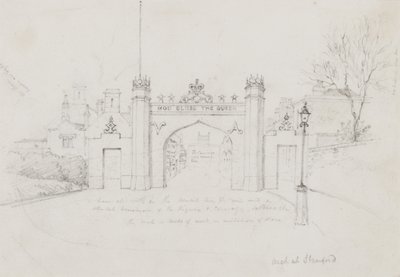 Boog in Stamford, opgericht om Koningin Victoria en Prins Albert te verwelkomen op weg naar Burghley House door English School