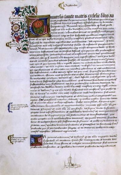 Pagina met tekst en verlichte initiaal, uit het Stichtingenboek van Robert Sherborne of Shirburn (ca. 1450-1536) Bisschop van Chichester door English School