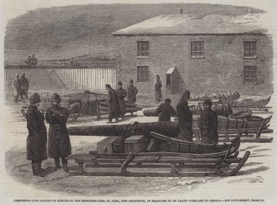 Armstrong-kanonnen verpakt op sleeën in de Ordnance-Yard, St John, New Brunswick, klaar om over land naar Canada te worden gebracht door English School