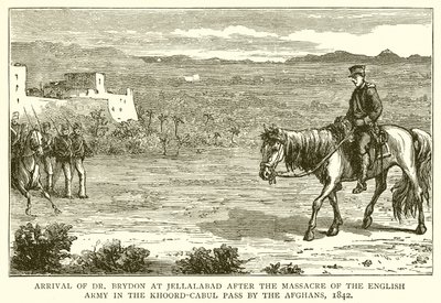Aankomst van Dr. Brydon in Jellalabad na het Bloedbad van het Engelse Leger in de Khoord-Cabul Pas door de Afghanen, 1842 door English School