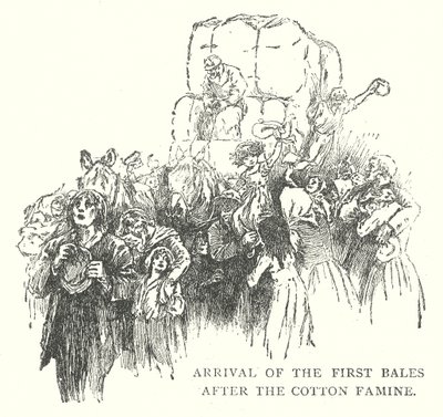 Aankomst van de eerste balen na de katoenhongersnood (gravure) door English School