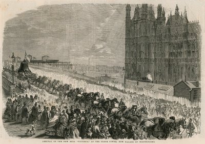 Aankomst van de nieuwe klok Victoria bij de klokkentoren, nieuw paleis van Westminster door English School