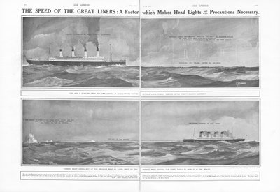 Artikel over de snelheid van de grote lijnschepen: een factor die koplampen en andere voorzorgsmaatregelen noodzakelijk maakt, uit The Sphere, 04 mei 1912 door English School